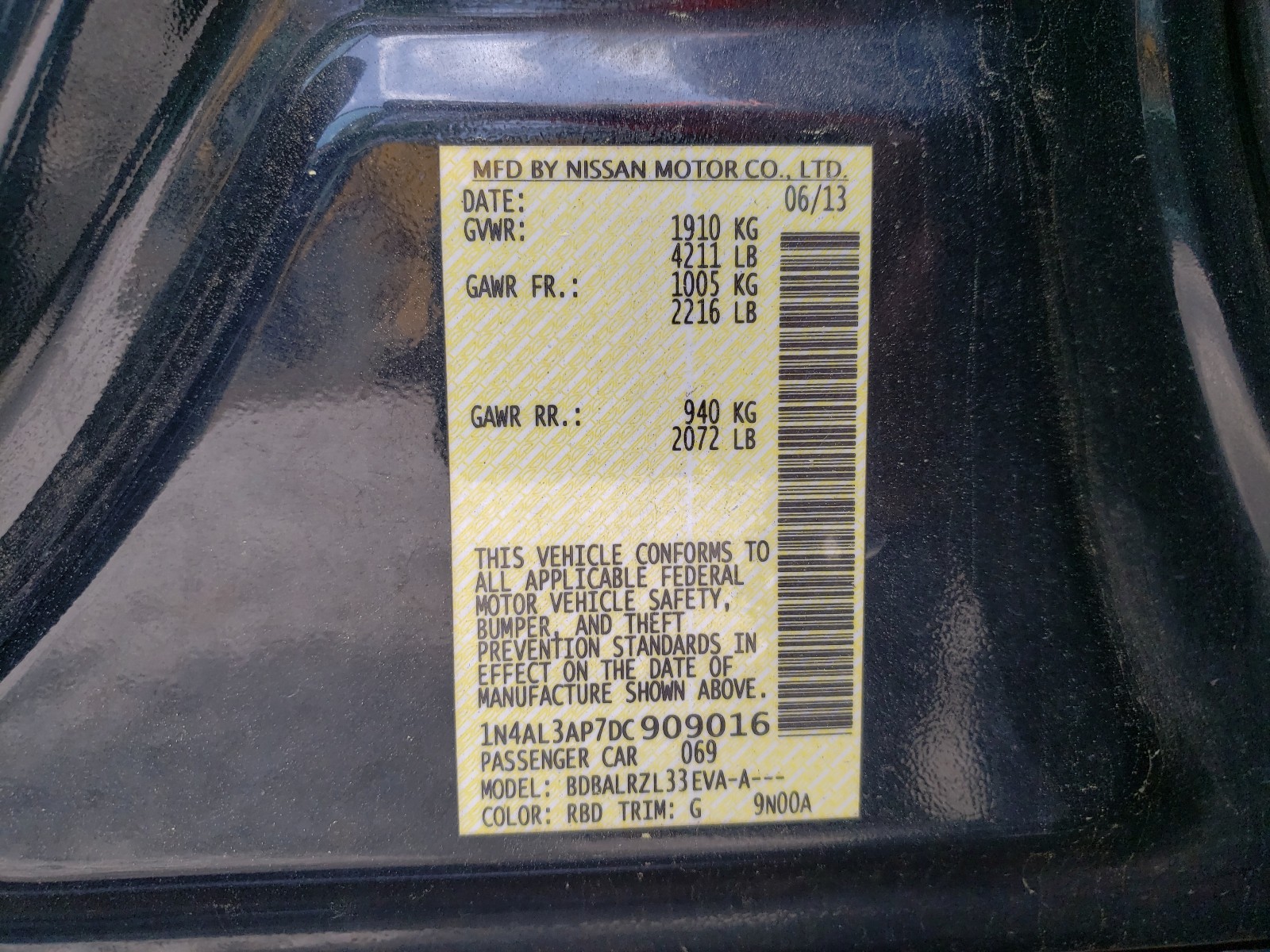 Photo 10 from auction – 2013 NISSAN ALTIMA 2.5 with VIN 1N4AL3AP7DC909016