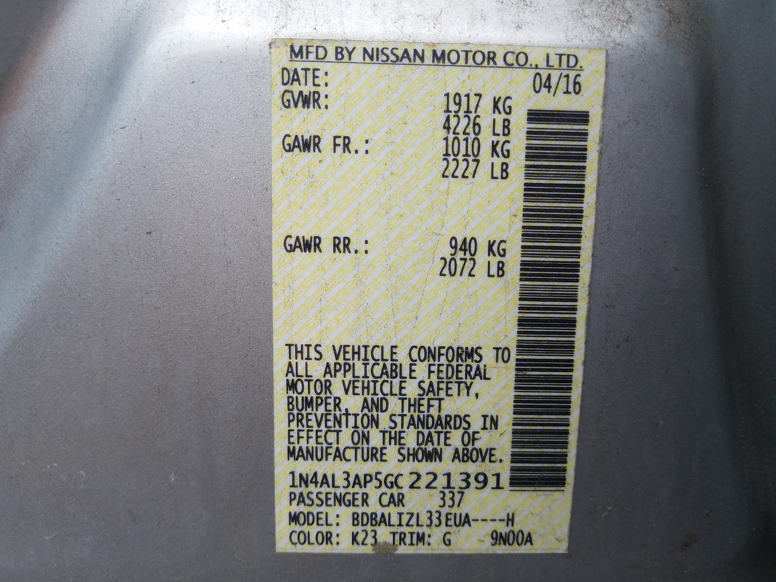 Photo 10 from auction – 2016 NISSAN ALTIMA 2.5 with VIN 1N4AL3AP5GC221391