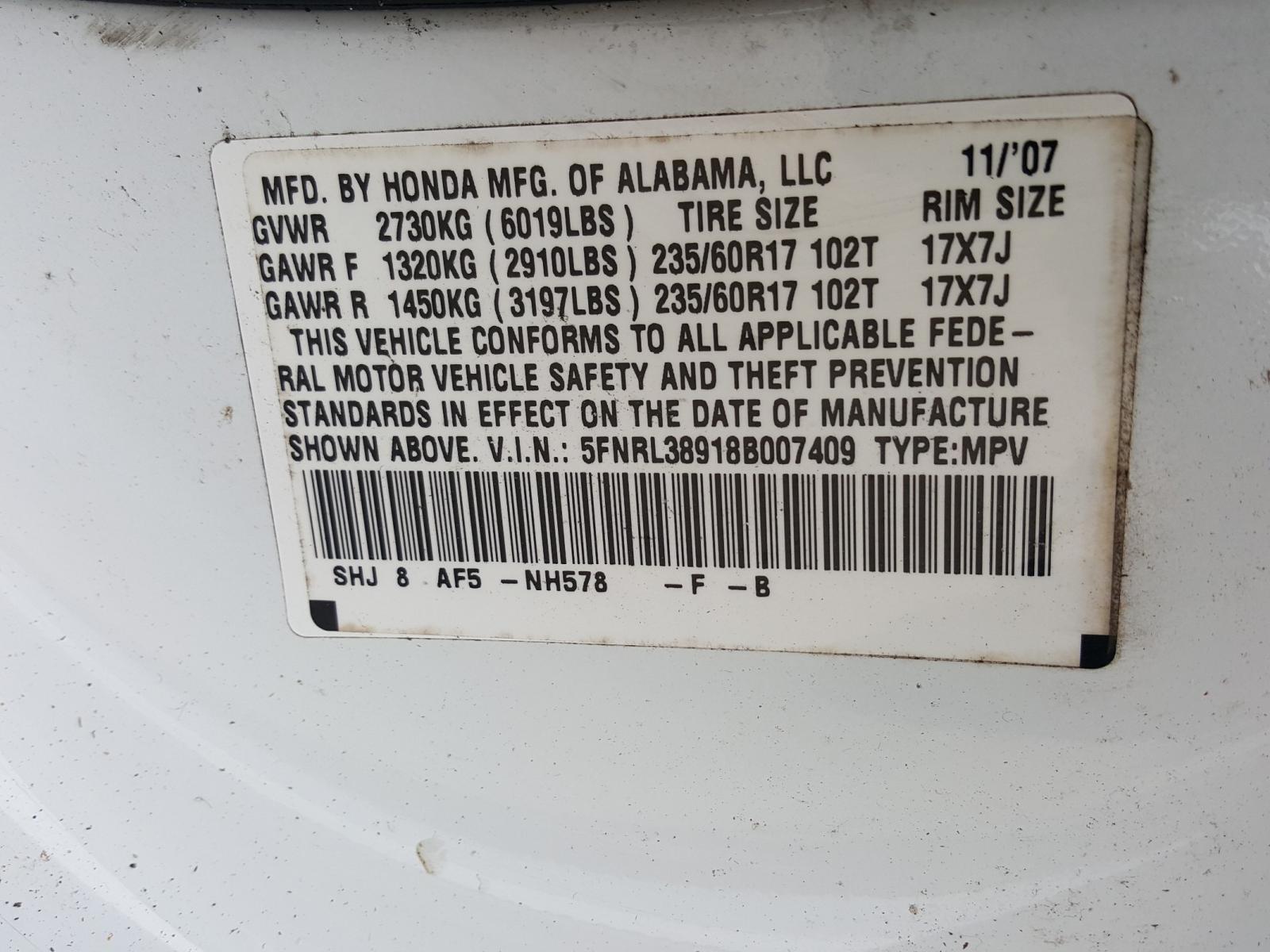 Photo 10 from auction – 2008 HONDA ODYSSEY TO with VIN 5FNRL38918B007409