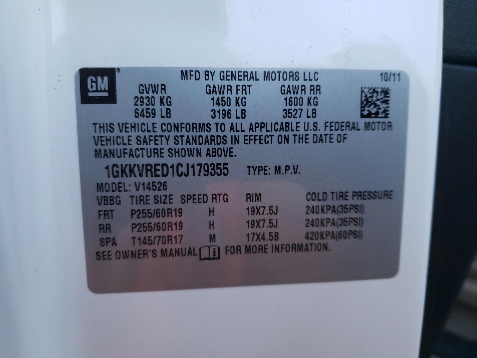 Photo 10 from auction – 2012 GMC ACADIA SLT with VIN 1GKKVRED1CJ179355