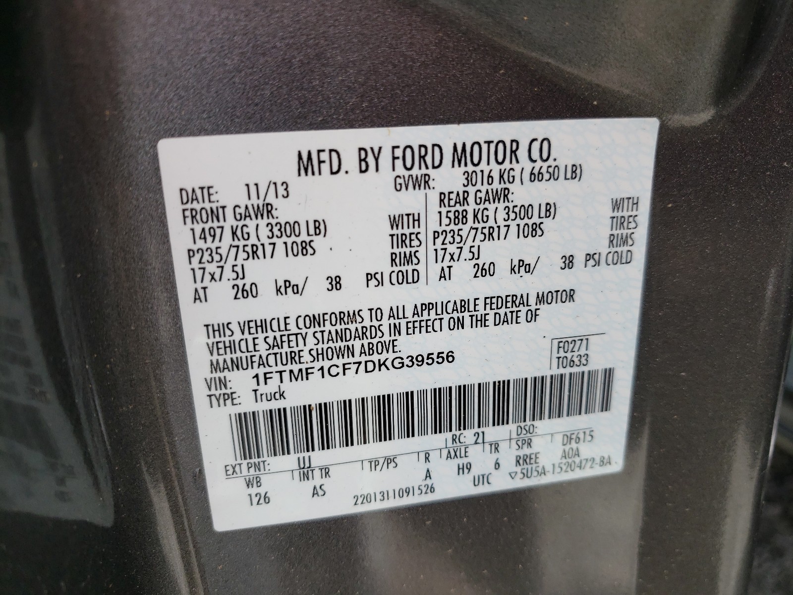 Photo 10 from auction – 2013 FORD F150 with VIN 1FTMF1CF7DKG39556