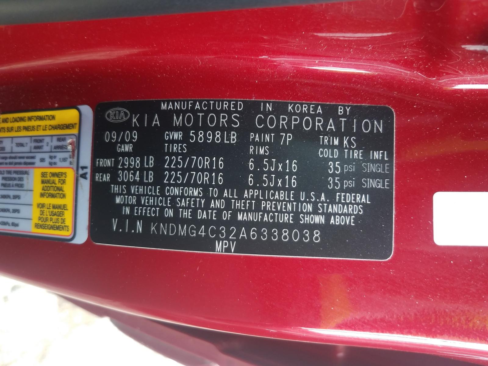 Photo 10 from auction – 2010 KIA SEDONA LX with VIN KNDMG4C32A6338038