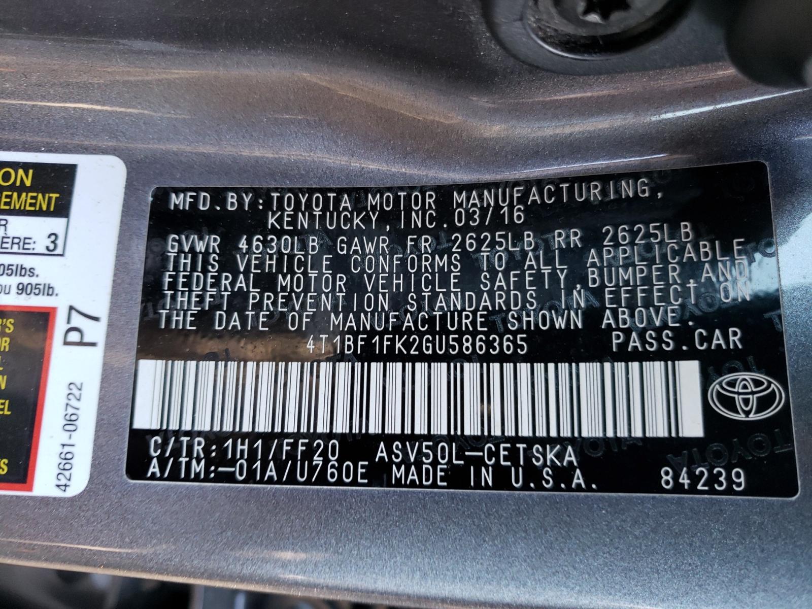 Photo 10 from auction – 2016 TOYOTA CAMRY LE with VIN 4T1BF1FK2GU586365