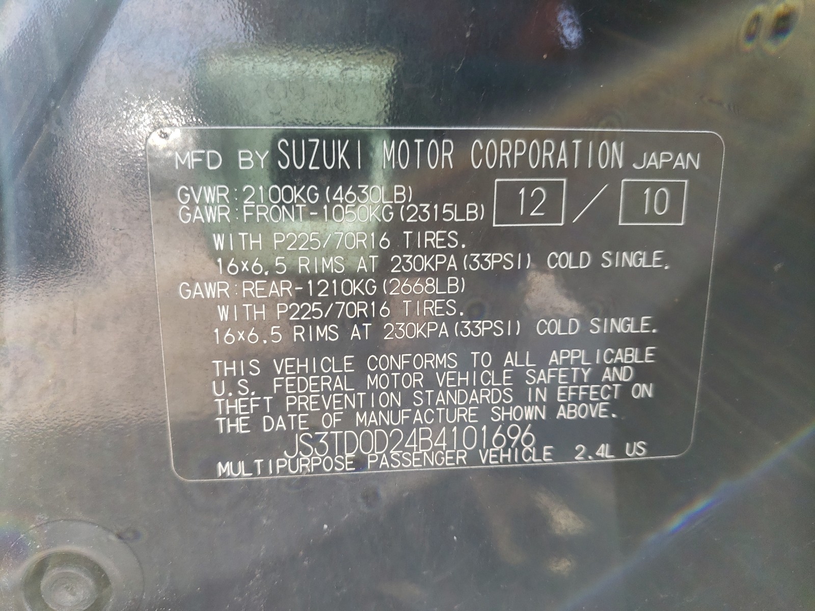 Photo 10 from auction – 2011 SUZUKI GRAND VITA with VIN JS3TD0D24B4101696