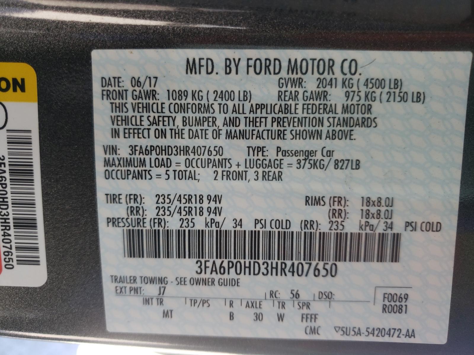Photo 10 from auction – 2017 FORD FUSION SE with VIN 3FA6P0HD3HR407650