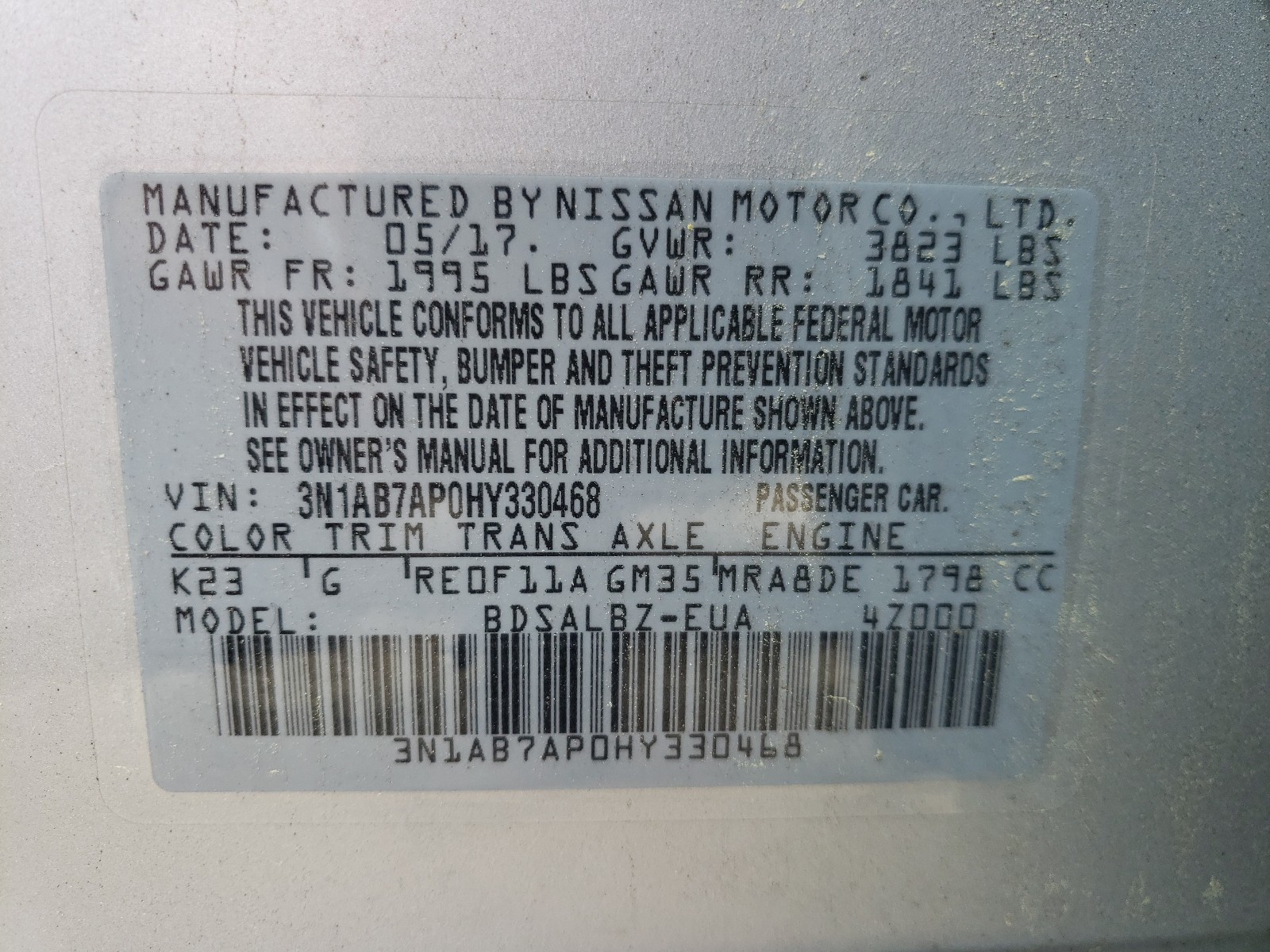 Photo 10 from auction – 2017 NISSAN SENTRA S with VIN 3N1AB7AP0HY330468