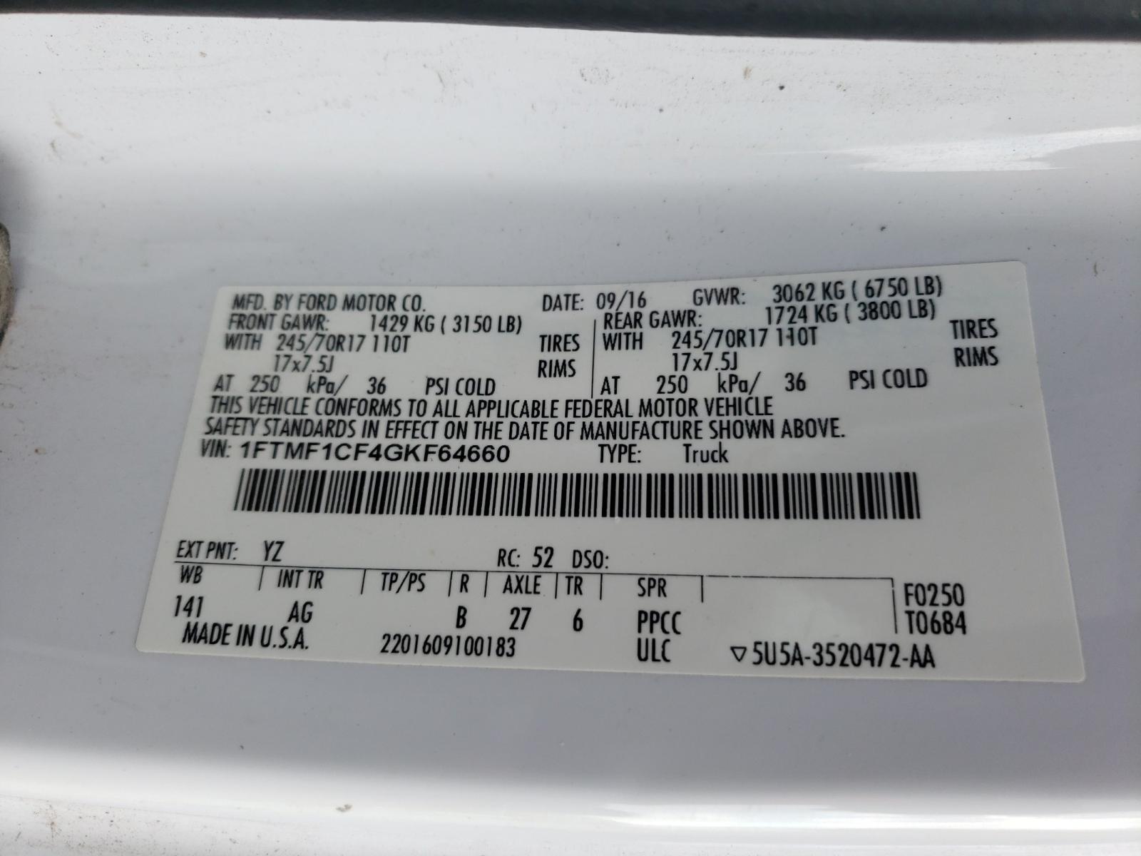 Photo 10 from auction – 2016 FORD F150 with VIN 1FTMF1CF4GKF64660