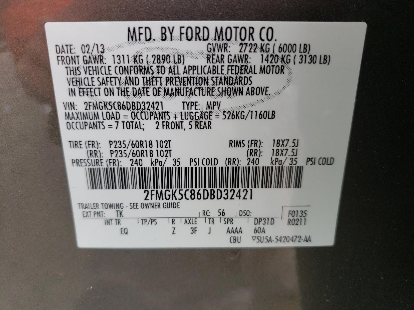 Photo 10 from auction – 2013 FORD FLEX with VIN 2FMGK5C86DBD32421