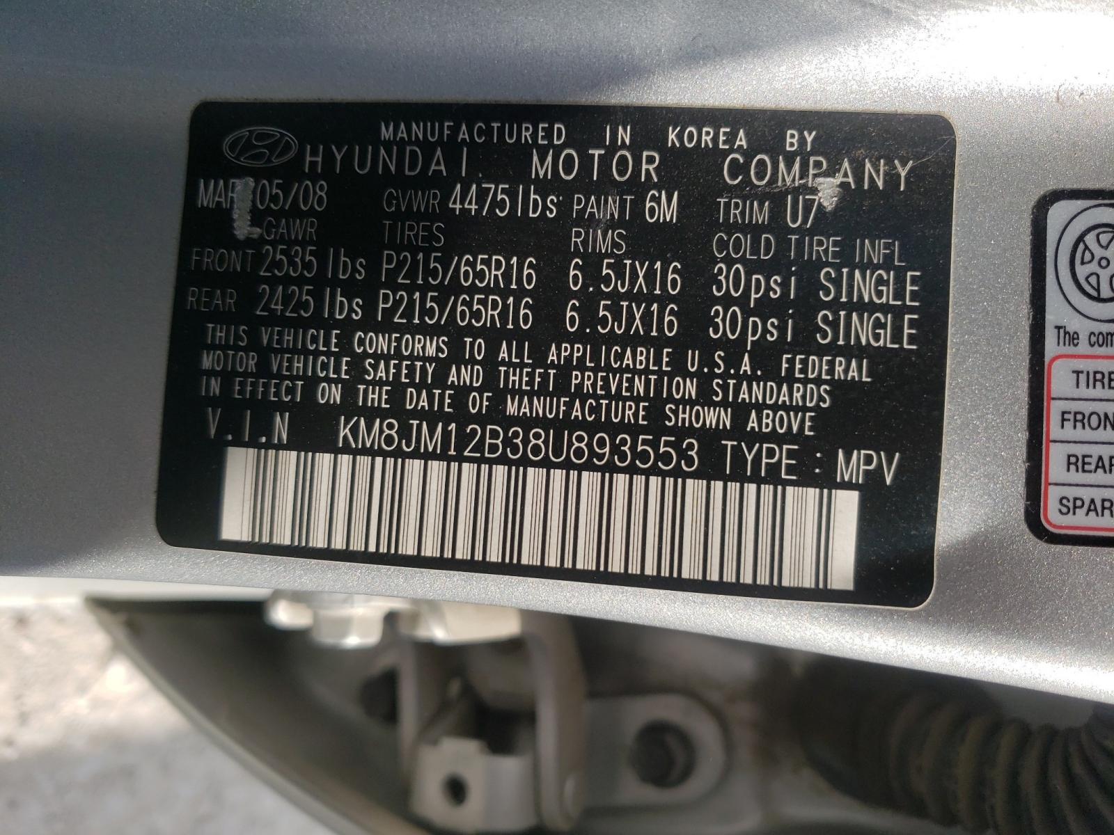 Photo 10 from auction – 2008 HYUNDAI TUCSON GLS with VIN KM8JM12B38U893553
