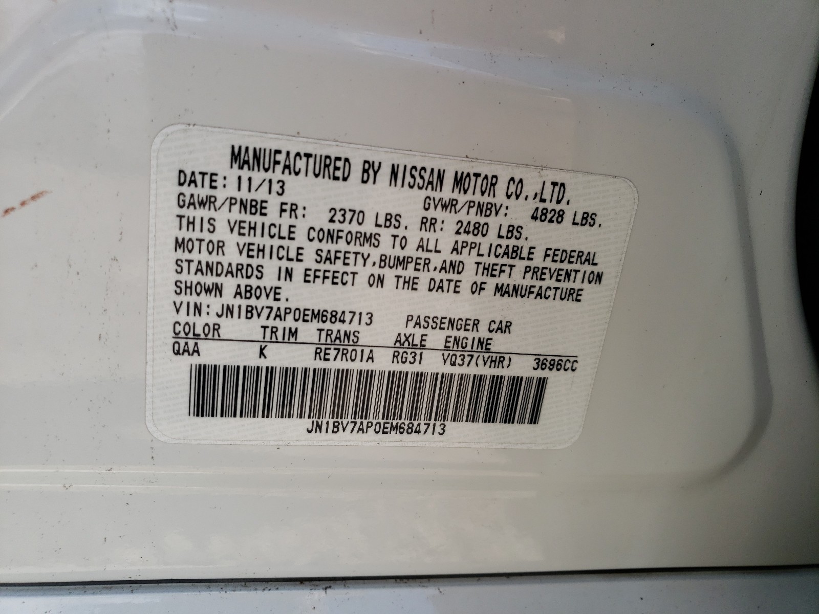 Photo 20 from auction – 2014 INFINITI Q50 BASE with VIN JN1BV7AP0EM684713