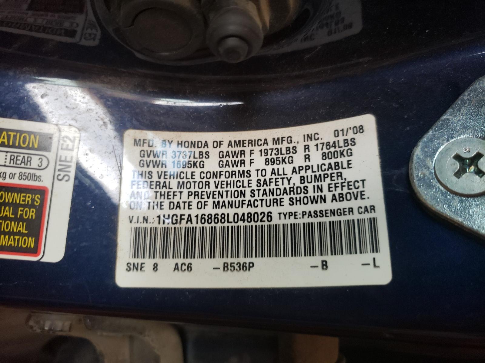 Photo 10 from auction – 2008 HONDA CIVIC EX with VIN 1HGFA16868L048026