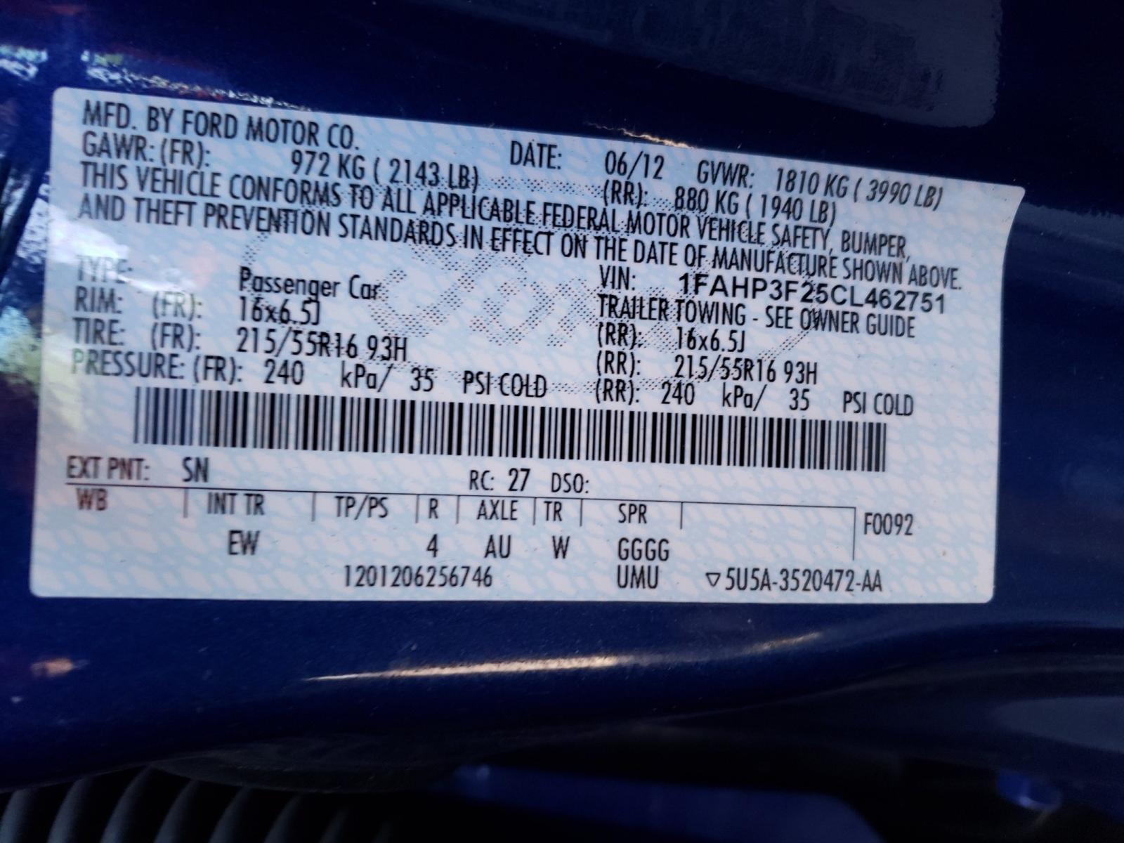 Photo 10 from auction – 2012 FORD FOCUS SE with VIN 1FAHP3F25CL462751