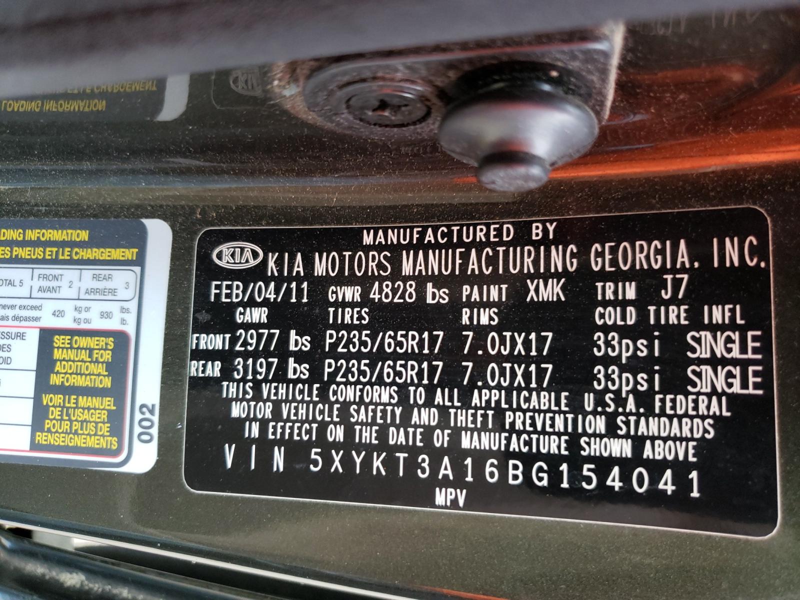 Photo 10 from auction – 2011 KIA SORENTO BA with VIN 5XYKT3A16BG154041