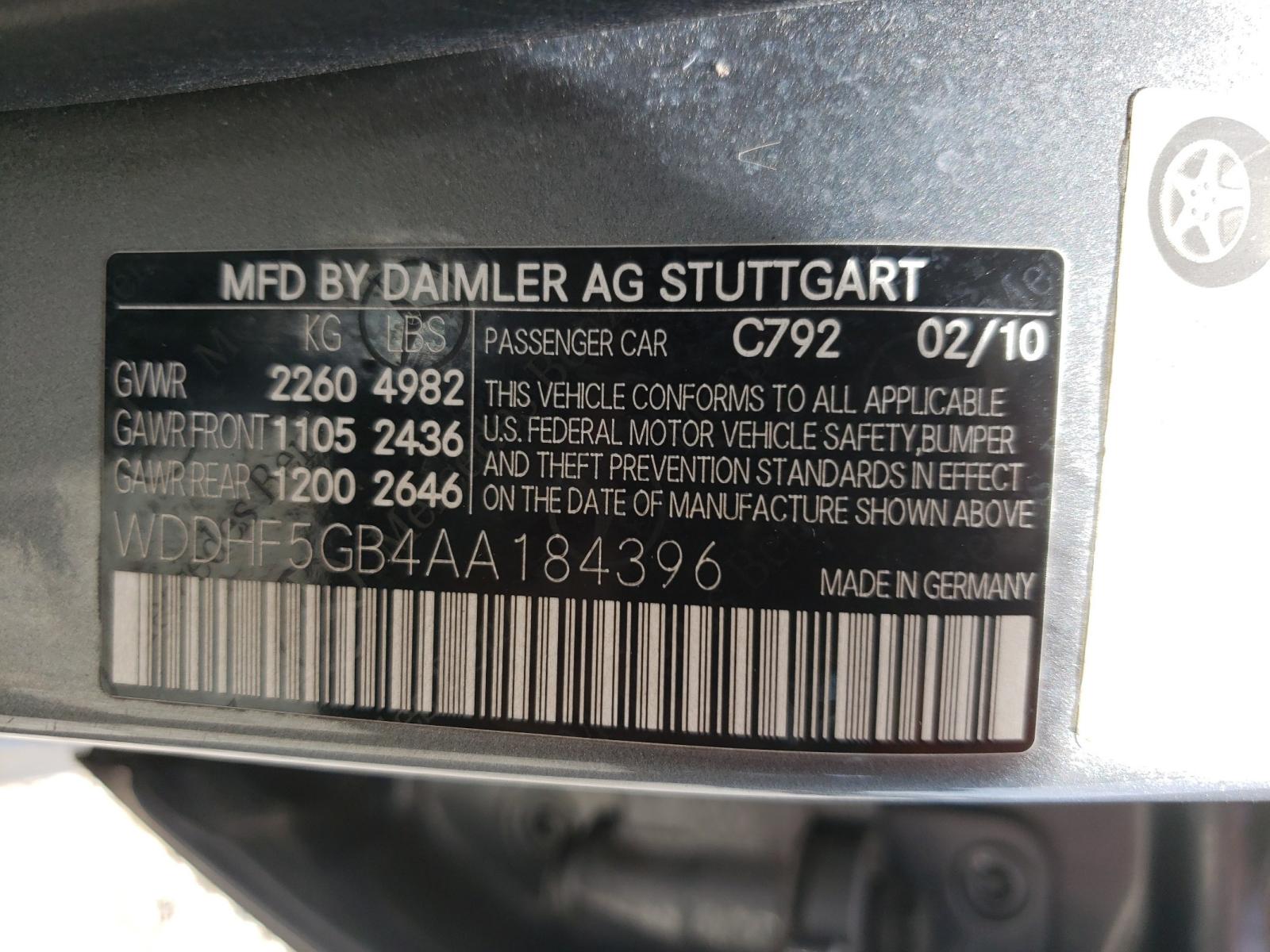 Photo 10 from auction – 2010 MERCEDES-BENZ E 350 with VIN WDDHF5GB4AA184396