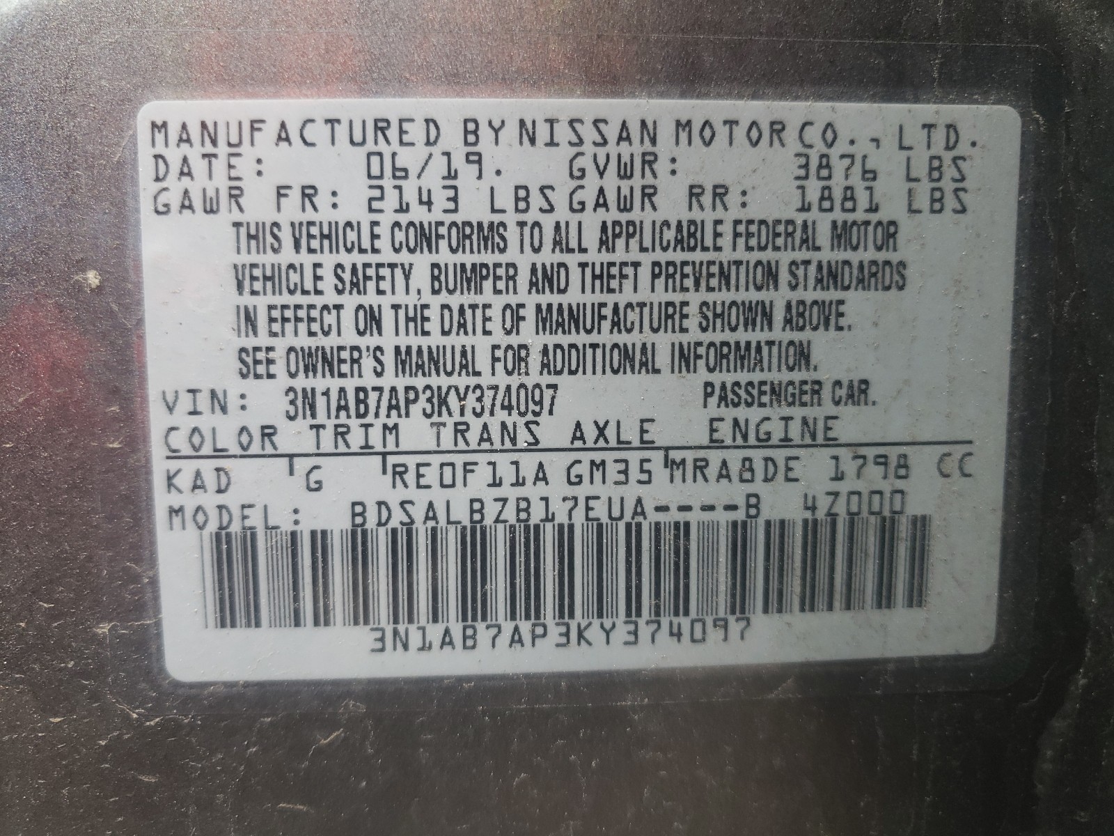 Photo 10 from auction – 2019 NISSAN SENTRA S with VIN 3N1AB7AP3KY374097