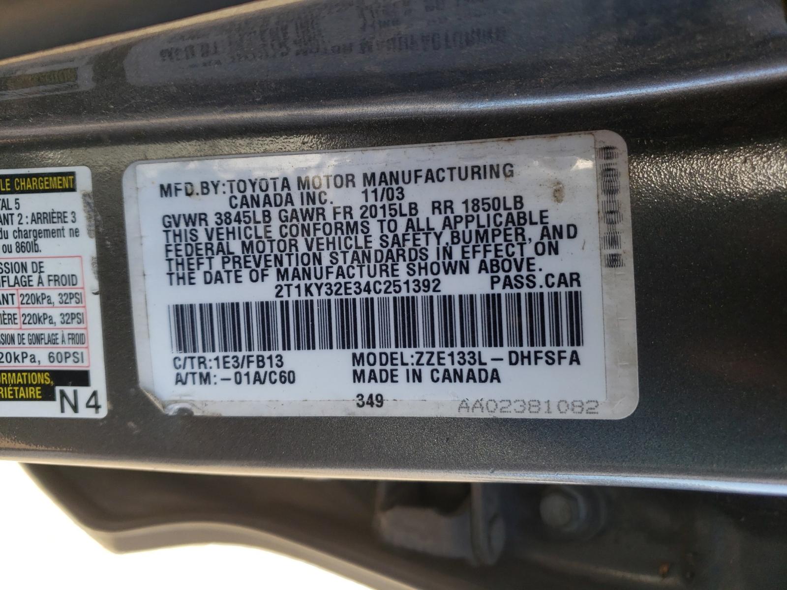 Photo 10 from auction – 2004 TOYOTA COROLLA MA with VIN 2T1KY32E34C251392