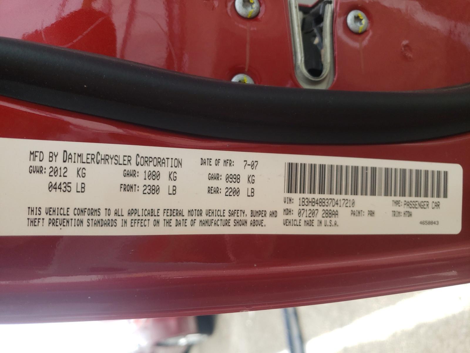 Photo 10 from auction – 2007 DODGE CALIBER SX with VIN 1B3HB48B37D417210