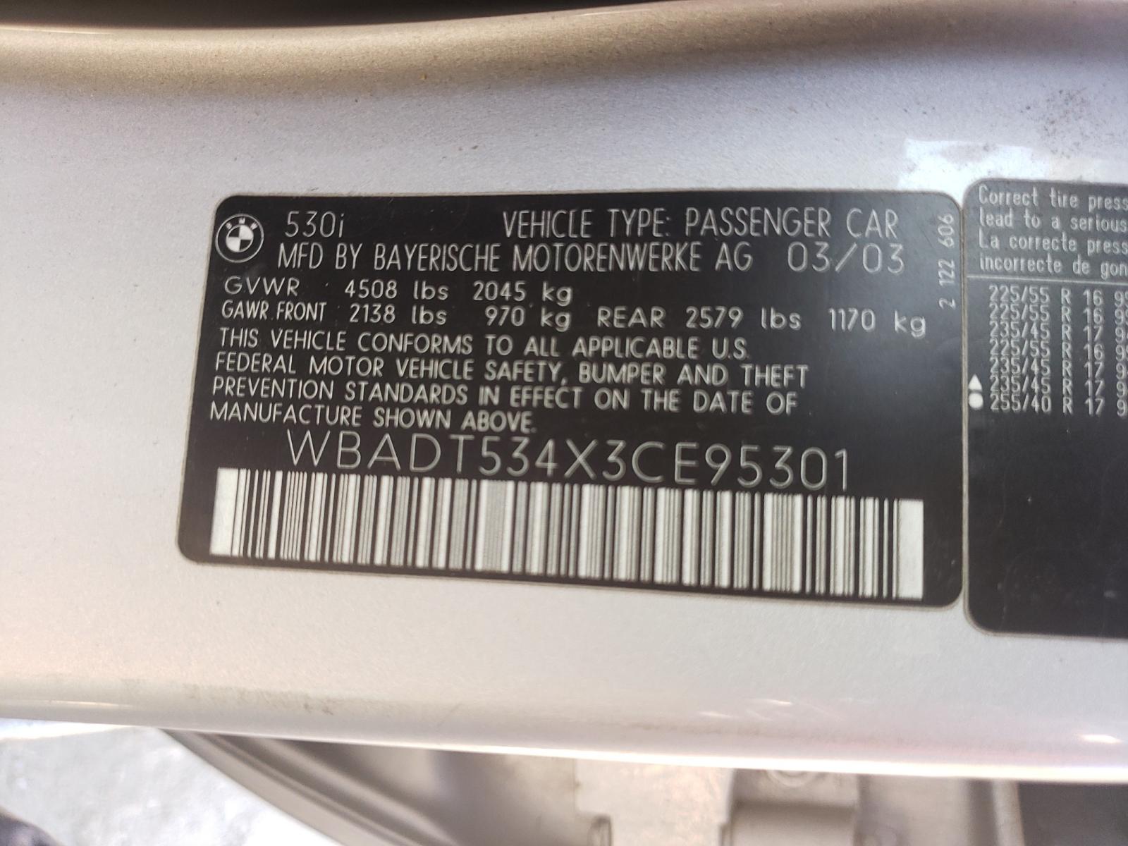 Photo 10 from auction – 2003 BMW 530 I with VIN WBADT534X3CE95301