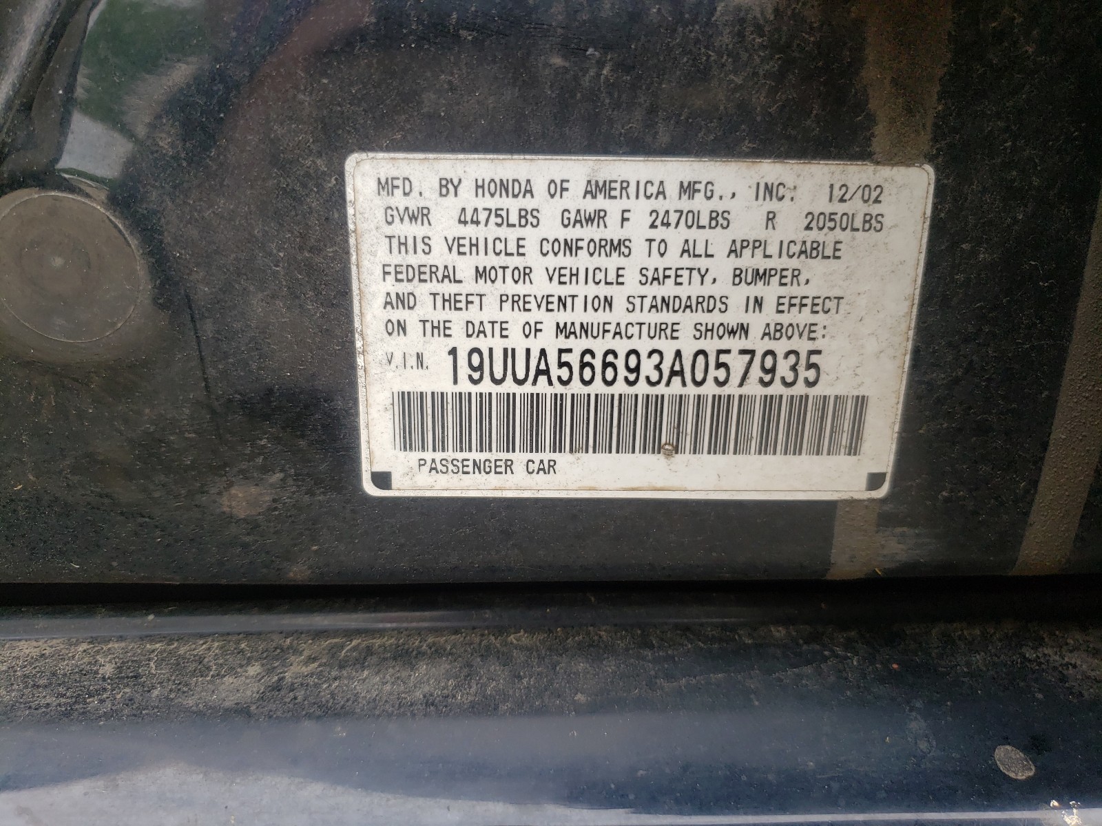Photo 10 from auction – 2003 ACURA TL with VIN 19UUA56693A057935