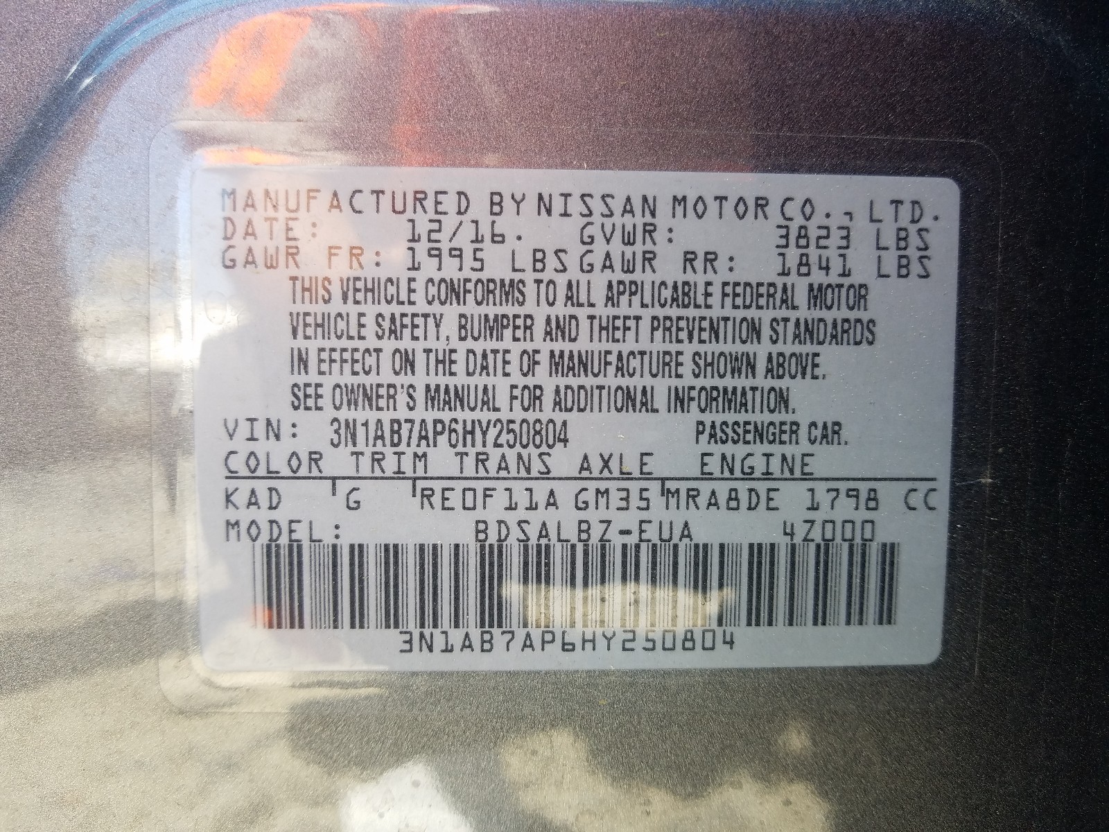Photo 10 from auction – 2017 NISSAN SENTRA S with VIN 3N1AB7AP6HY250804