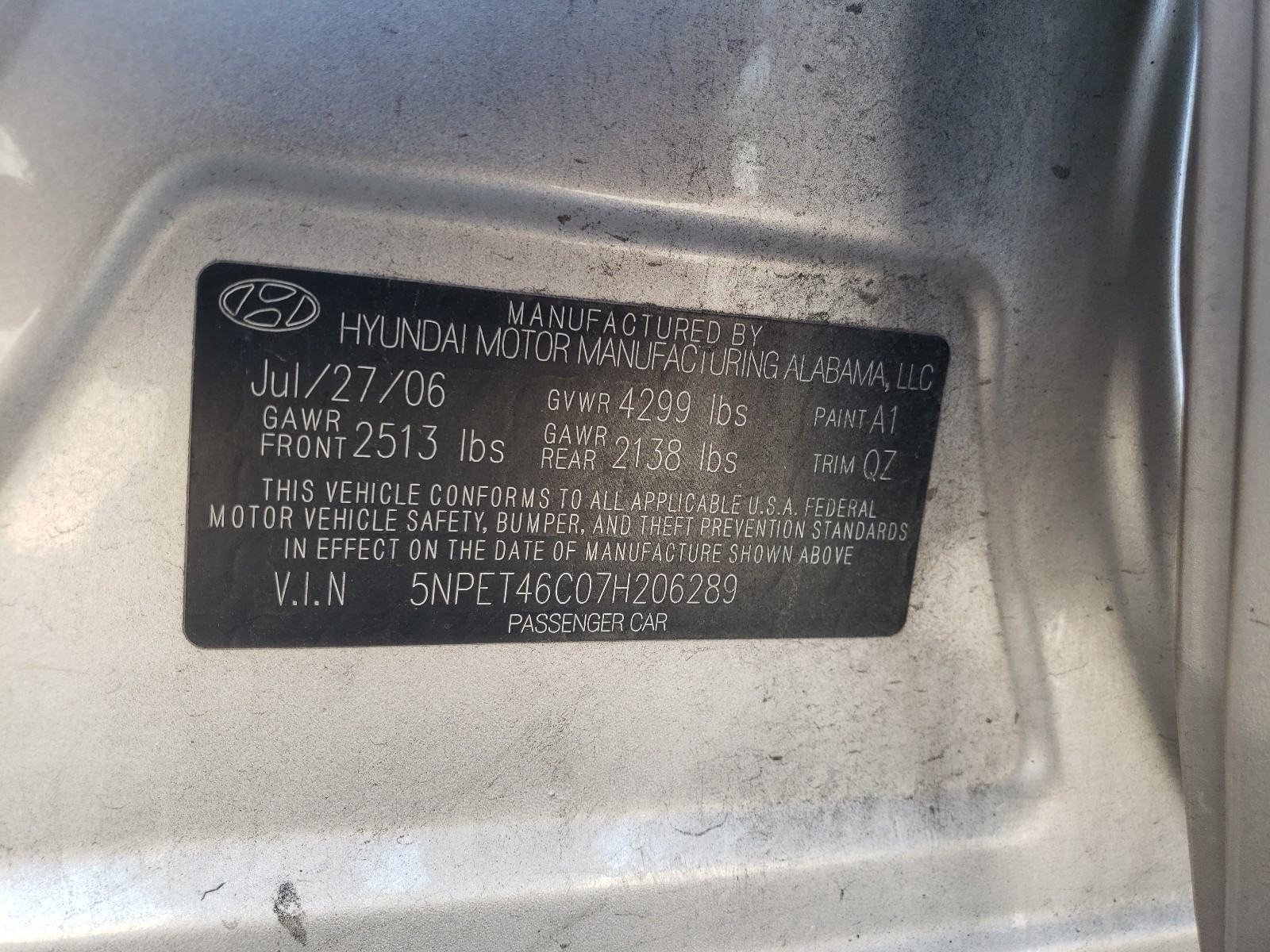Photo 10 from auction – 2007 HYUNDAI SONATA GLS with VIN 5NPET46C07H206289