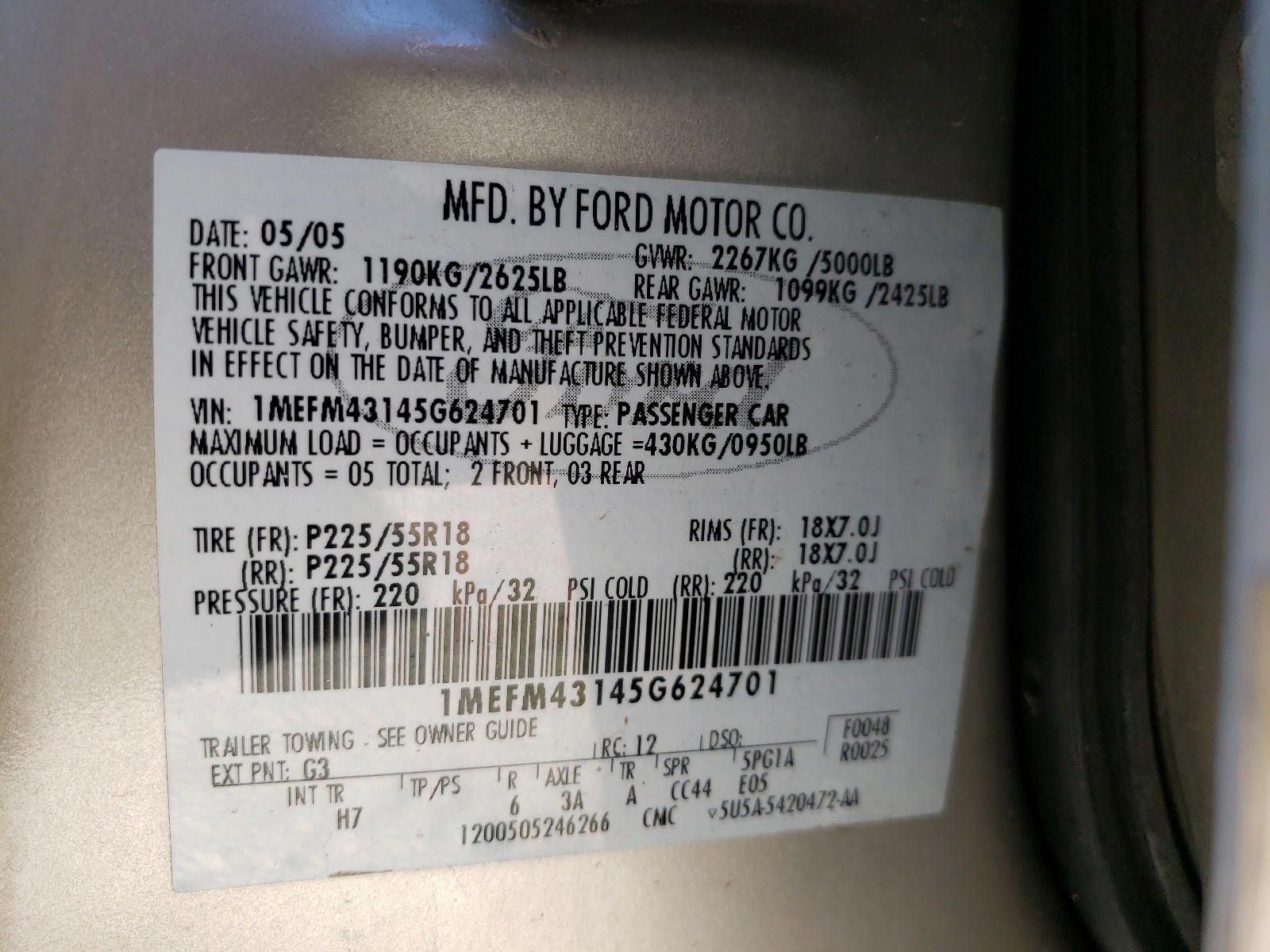 Photo 10 from auction – 2005 MERCURY MONTEGO PR with VIN 1MEFM43145G624701