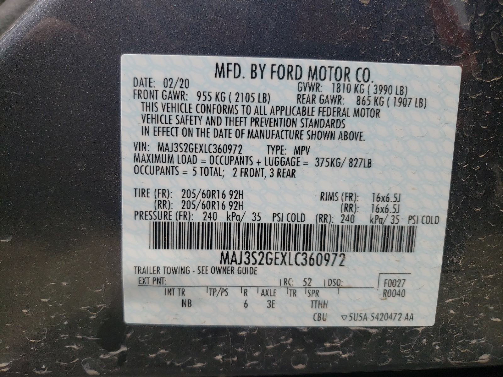 Photo 10 from auction – 2020 FORD ECOSPORT S with VIN MAJ3S2GEXLC360972