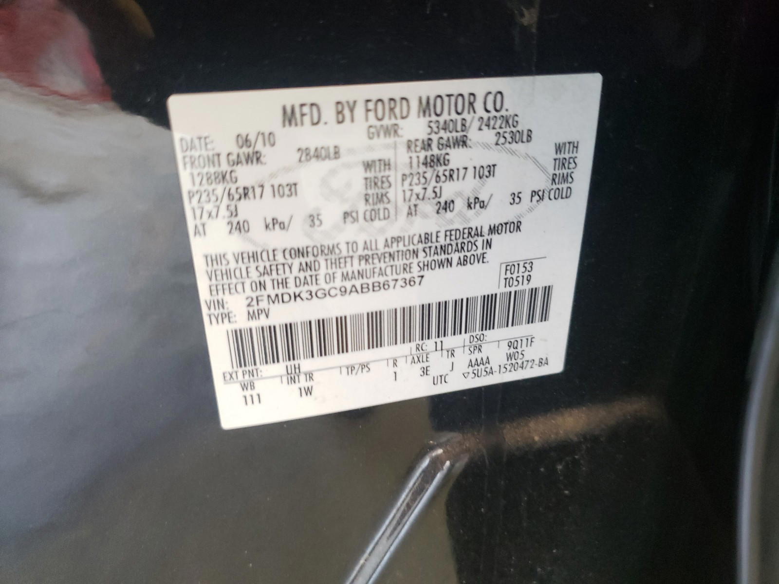Photo 10 from auction – 2010 FORD EDGE SE with VIN 2FMDK3GC9ABB67367