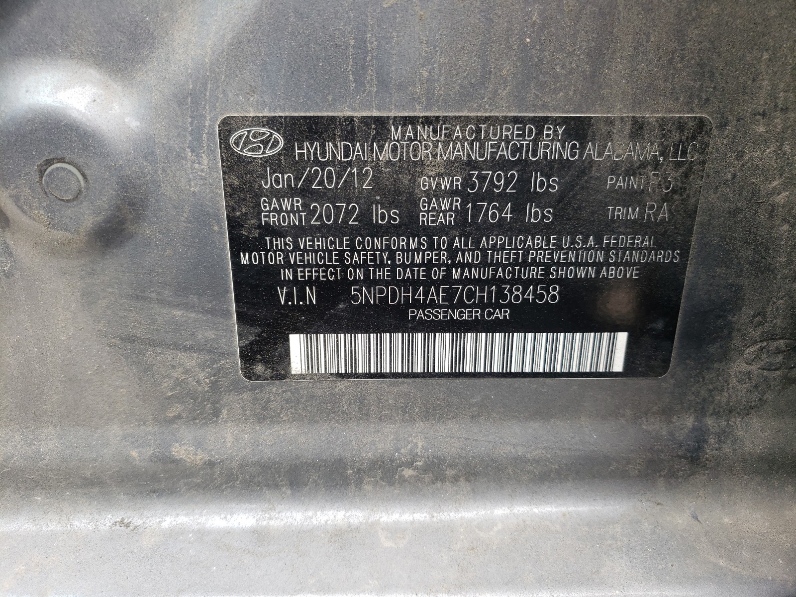 Photo 10 from auction – 2012 HYUNDAI ELANTRA GL with VIN 5NPDH4AE7CH138458