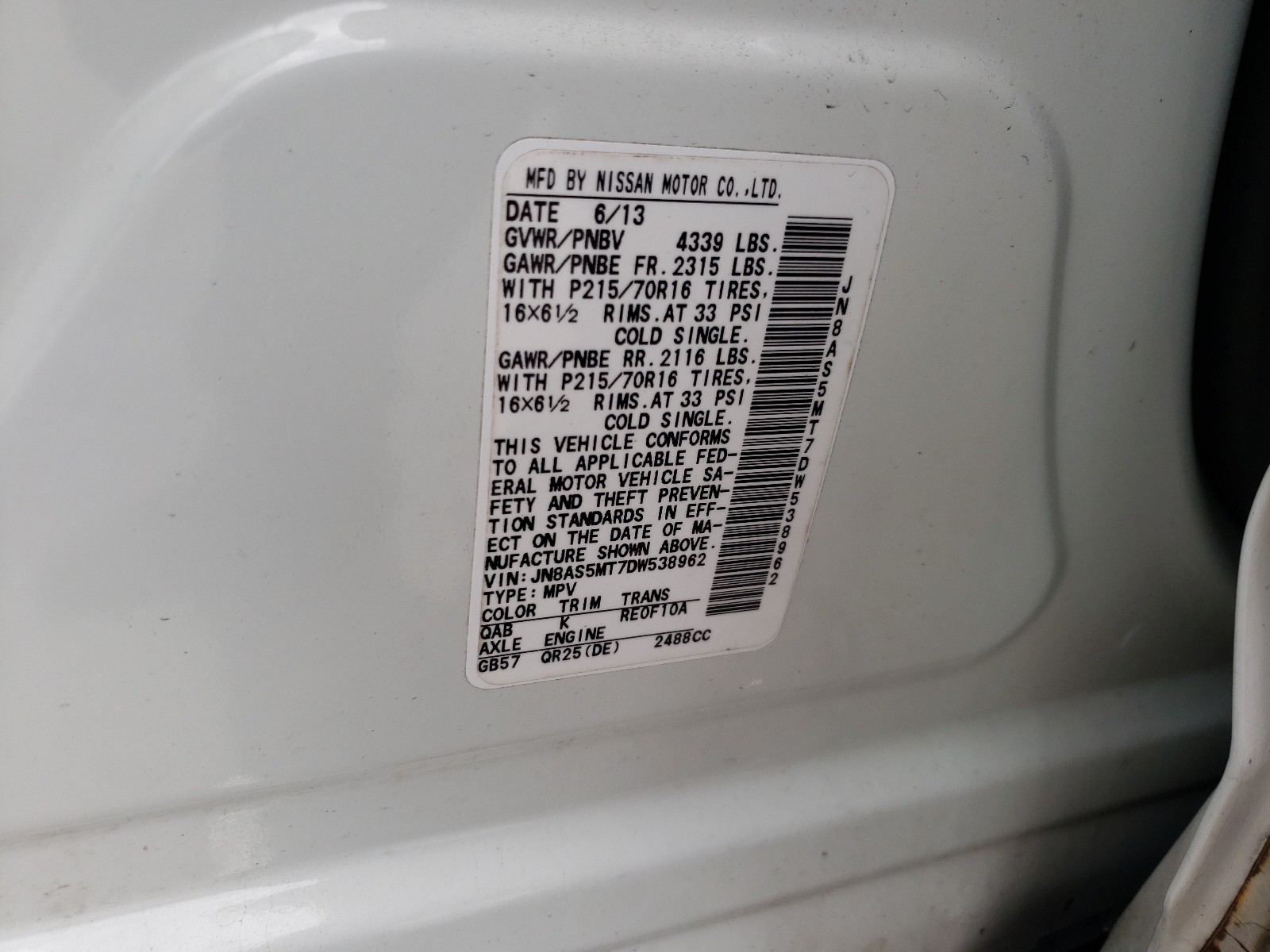 Photo 10 from auction – 2013 NISSAN ROGUE S with VIN JN8AS5MT7DW538962
