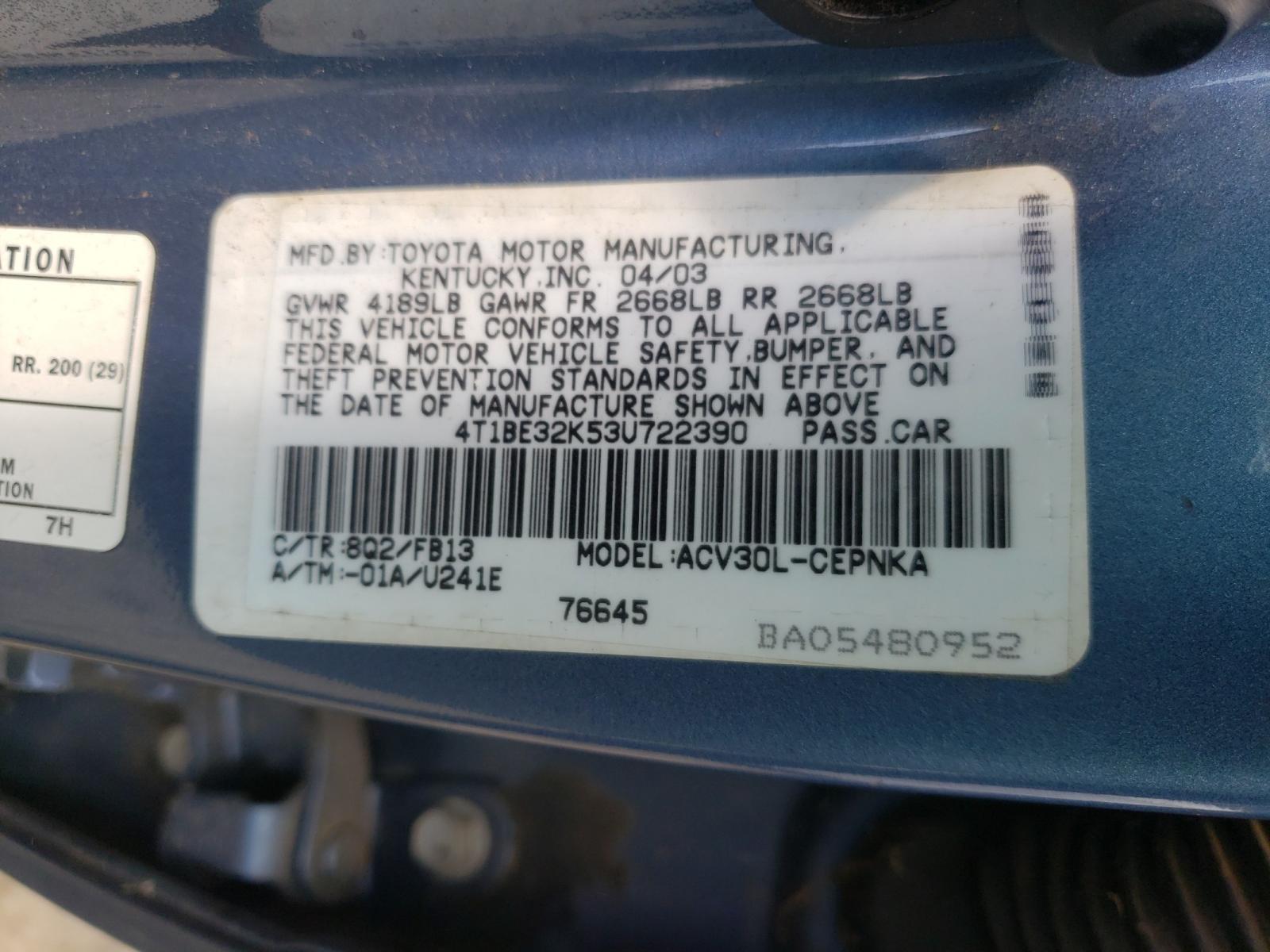 Photo 10 from auction – 2003 TOYOTA CAMRY LE with VIN 4T1BE32K53U722390
