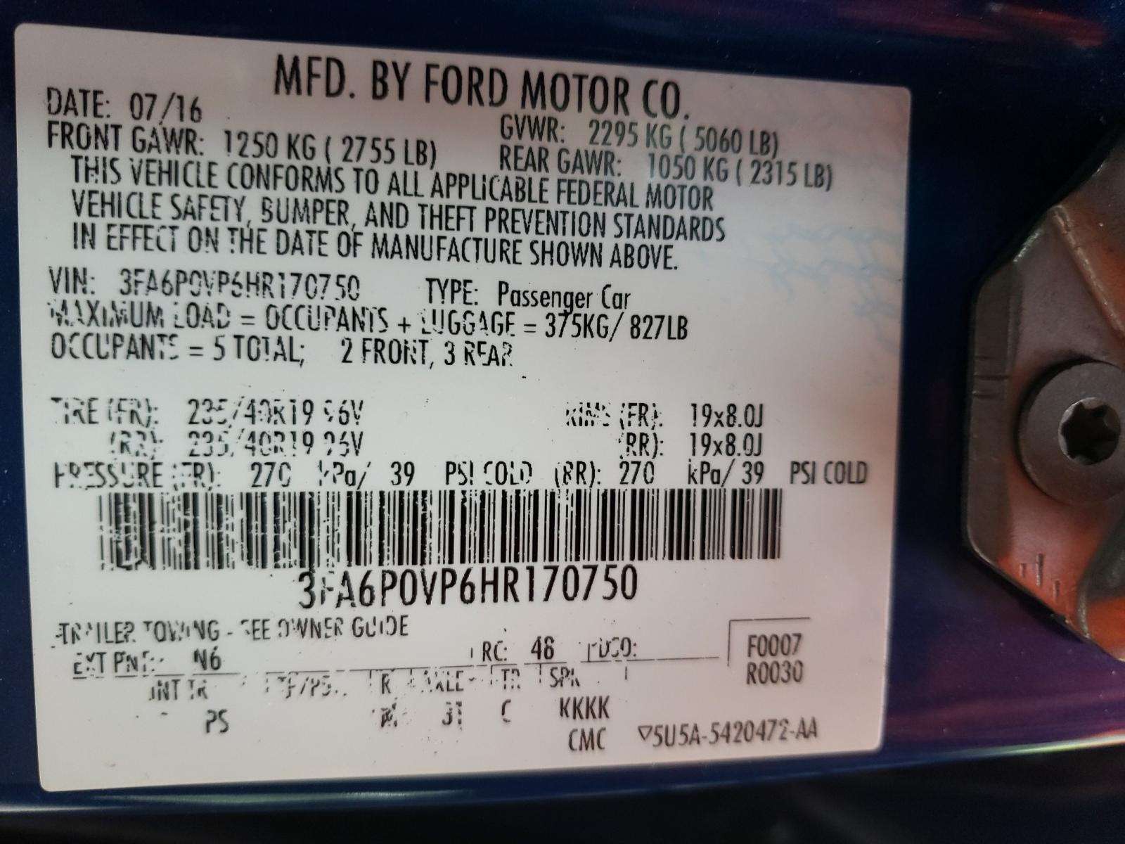 Photo 10 from auction – 2017 FORD FUSION SPO with VIN 3FA6P0VP6HR170750