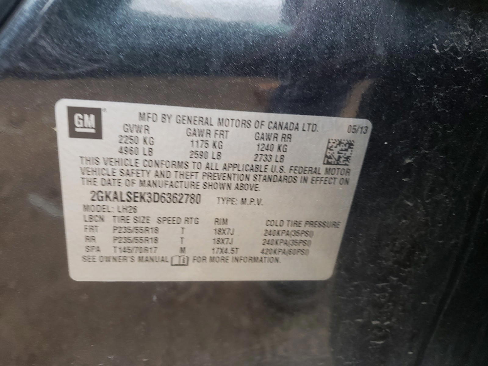 Photo 10 from auction – 2013 GMC TERRAIN SL with VIN 2GKALSEK3D6362780