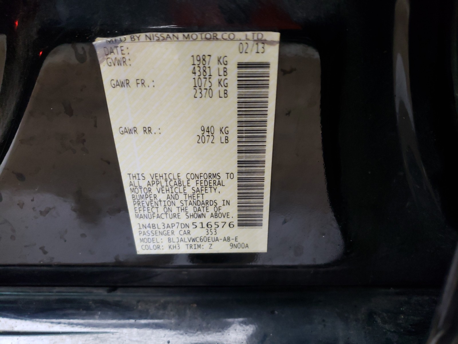 Photo 10 from auction – 2013 NISSAN ALTIMA 3.5 with VIN 1N4BL3AP7DN516576