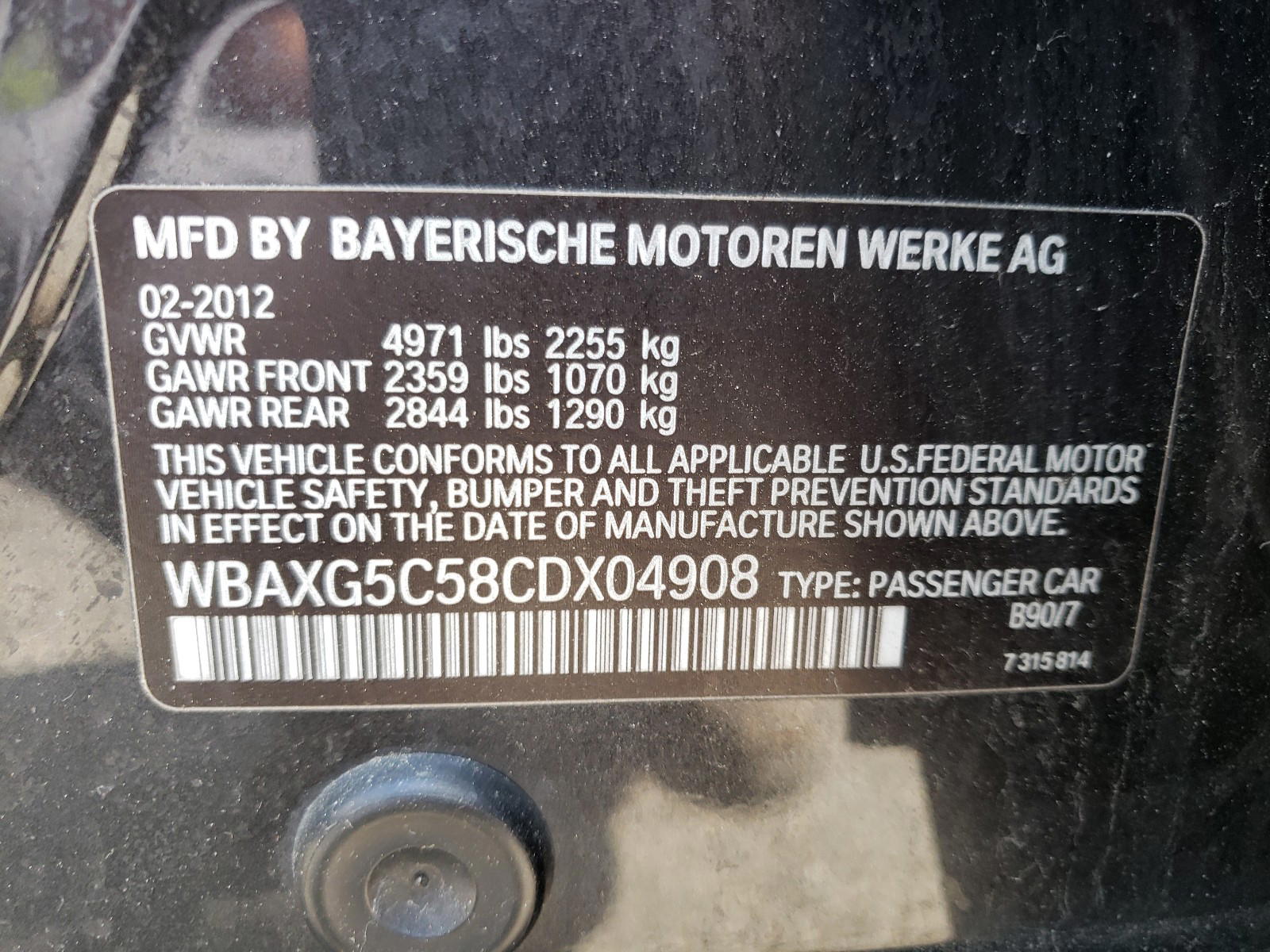 Photo 10 from auction – 2012 BMW 528 I with VIN WBAXG5C58CDX04908