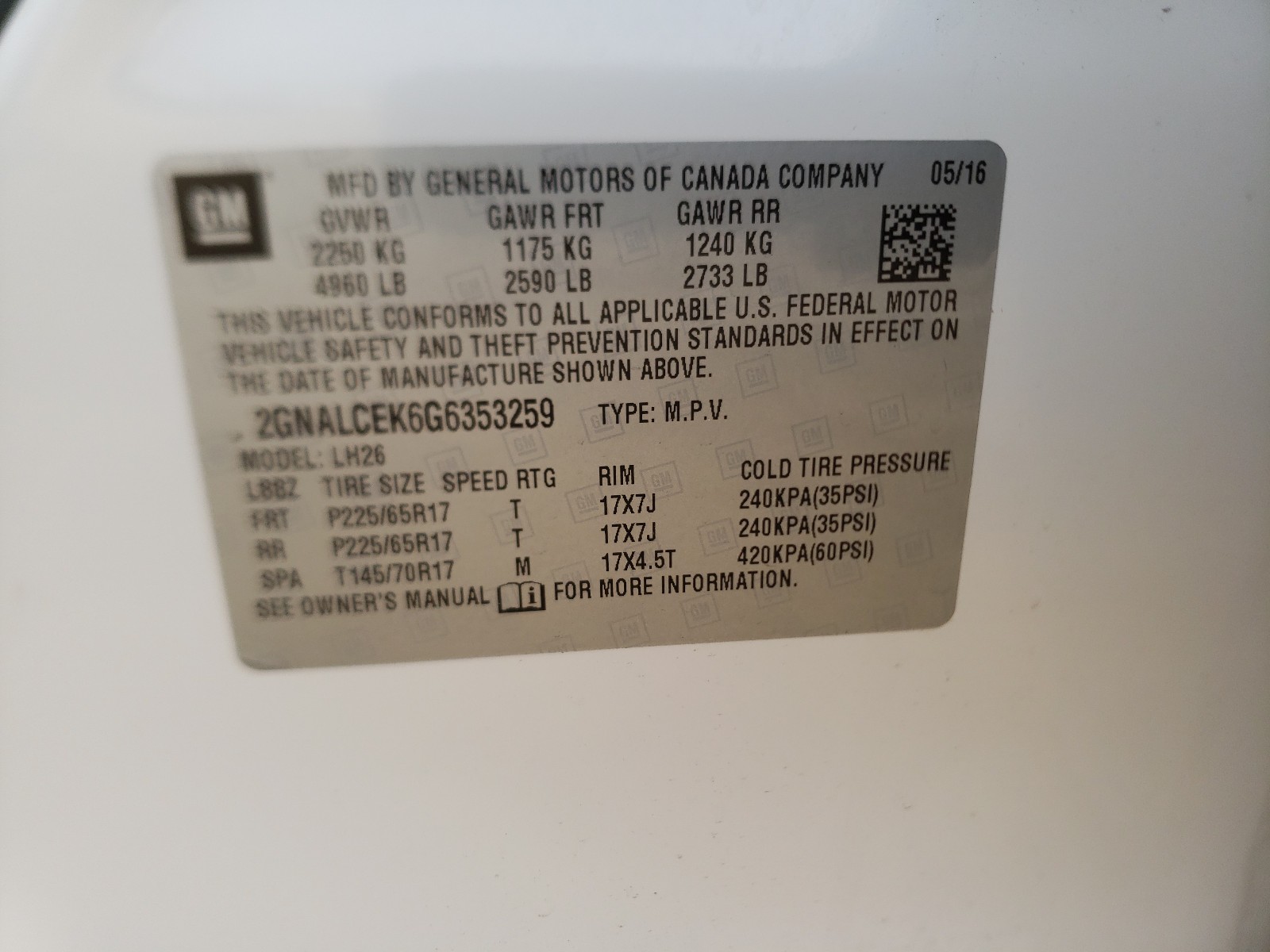 Photo 10 from auction – 2016 CHEVROLET EQUINOX LT with VIN 2GNALCEK6G6353259
