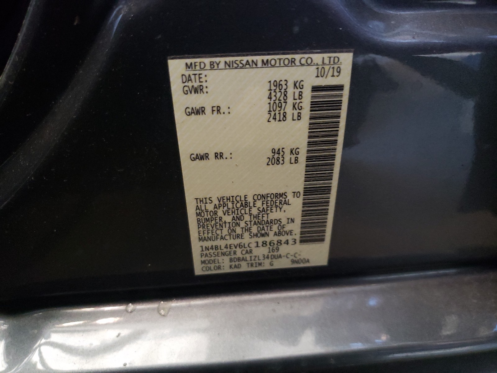 Photo 10 from auction – 2020 NISSAN ALTIMA SL with VIN 1N4BL4EV6LC186843