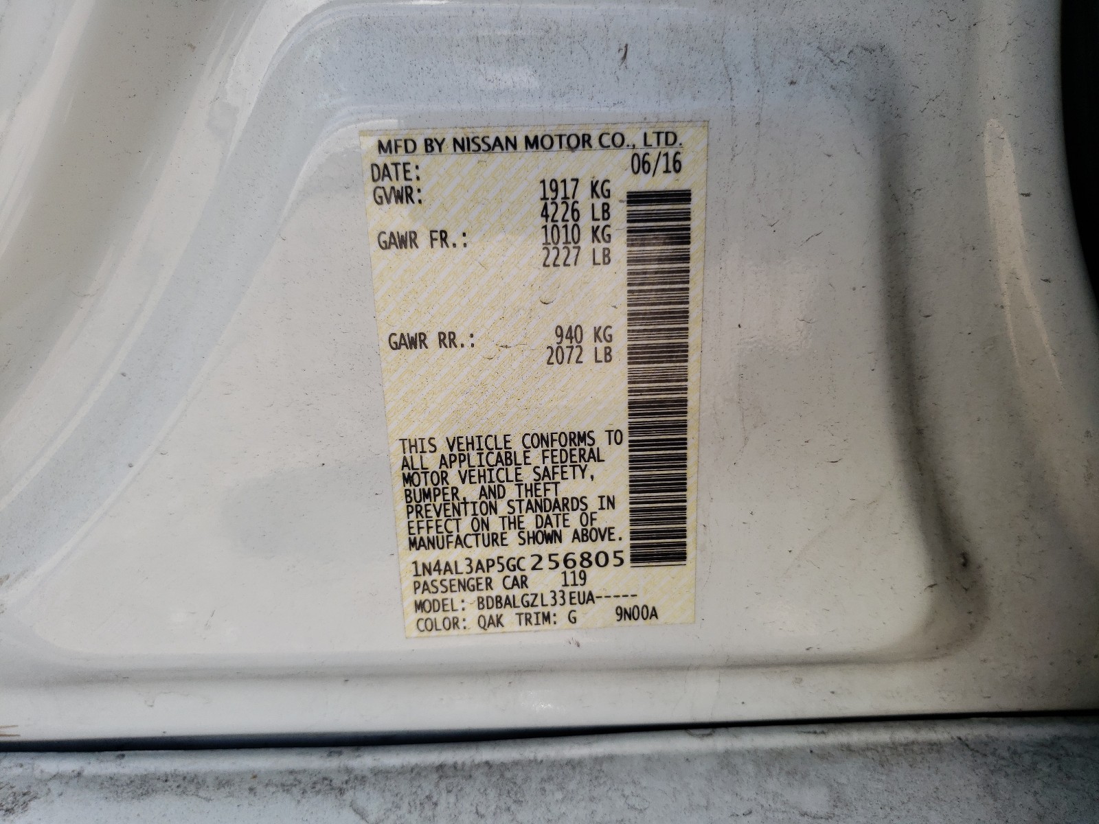 Photo 10 from auction – 2016 NISSAN ALTIMA 2.5 with VIN 1N4AL3AP5GC256805