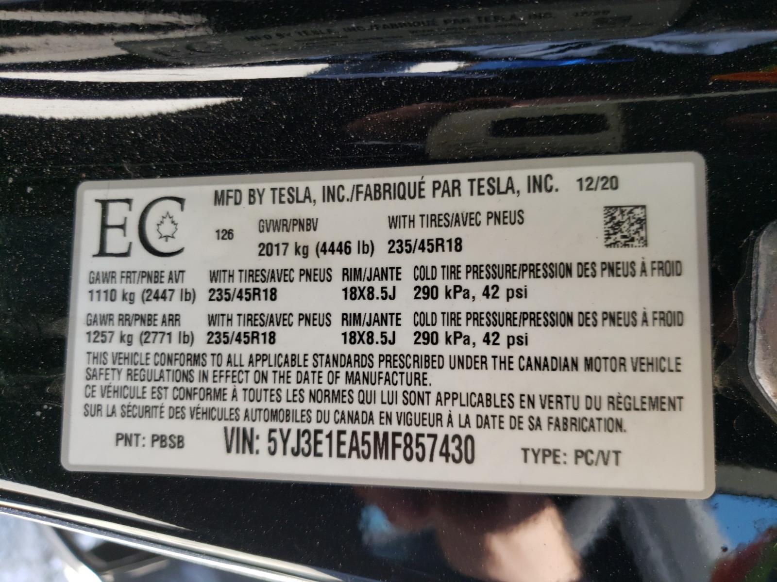 Photo 10 from auction – 2021 TESLA MODEL 3 with VIN 5YJ3E1EA5MF857430