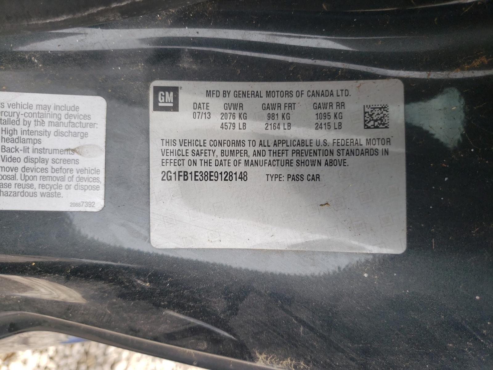 Photo 10 from auction – 2014 CHEVROLET CAMARO LT with VIN 2G1FB1E38E9128148
