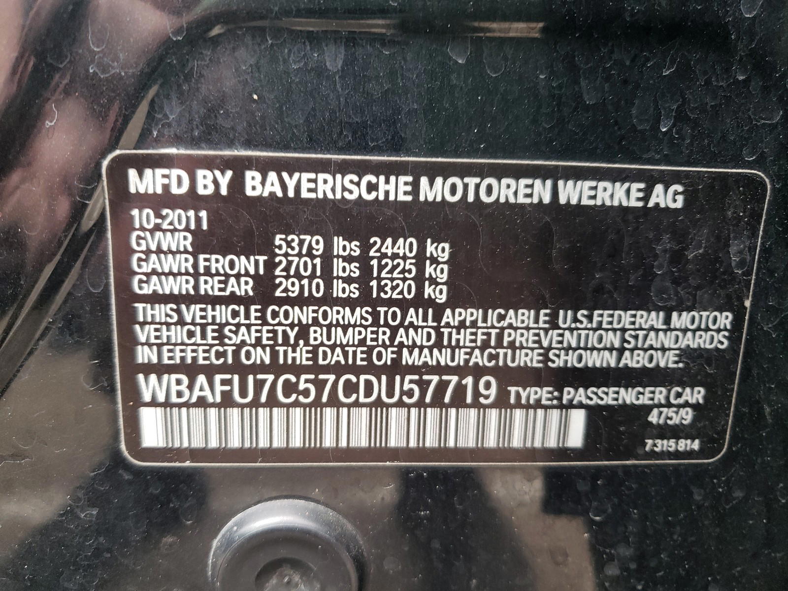 Photo 20 from auction – 2012 BMW 535 XI with VIN WBAFU7C57CDU57719