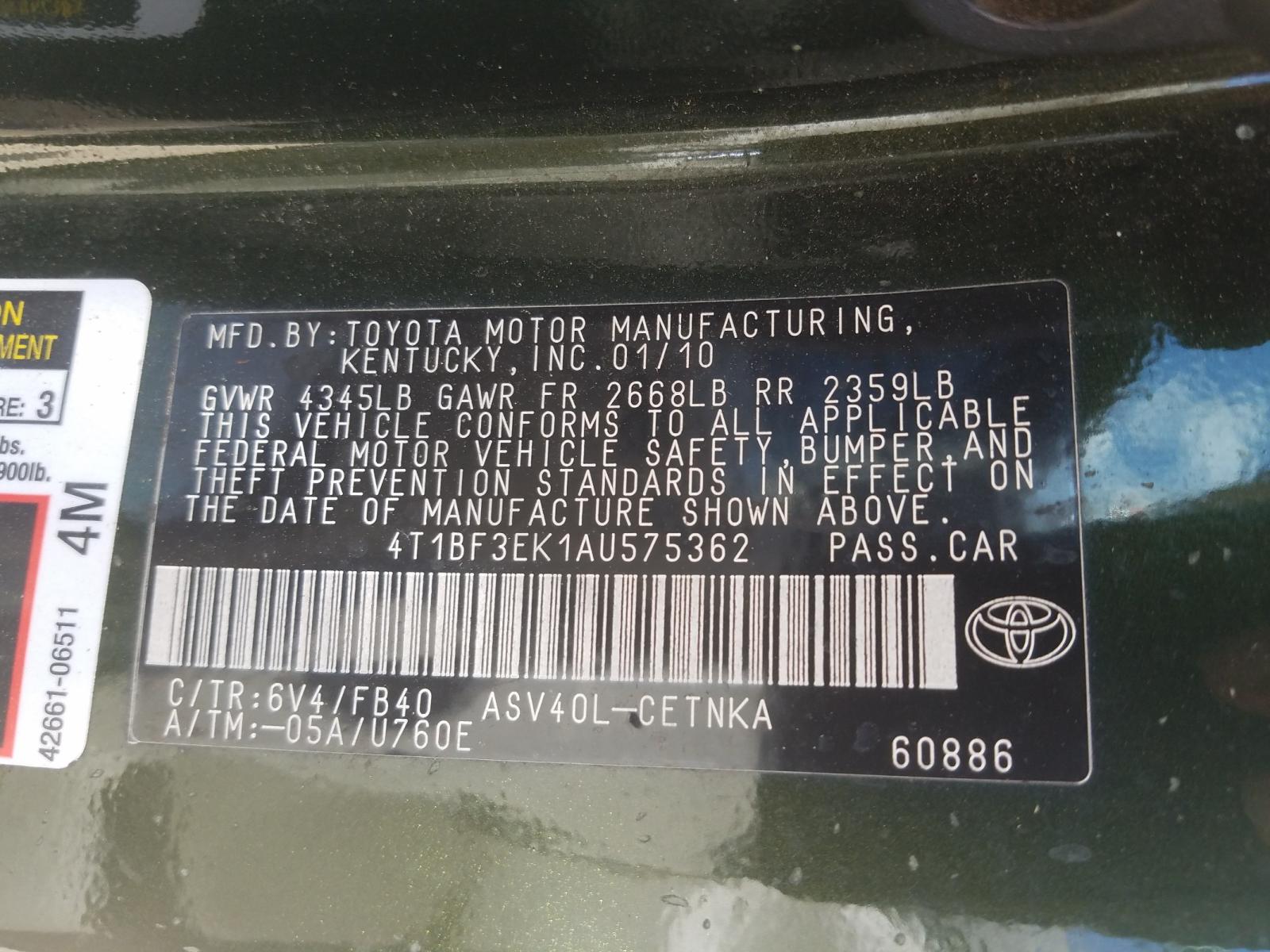 Photo 10 from auction – 2010 TOYOTA CAMRY BASE with VIN 4T1BF3EK1AU575362