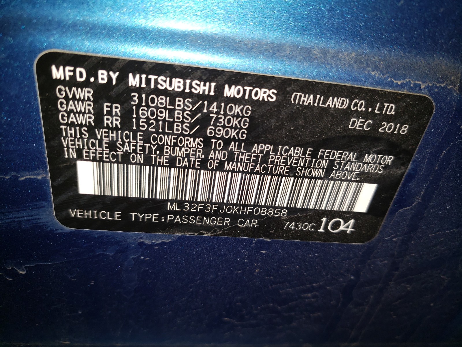 Photo 10 from auction – 2019 MITSUBISHI MIRAGE G4 with VIN ML32F3FJ0KHF08858