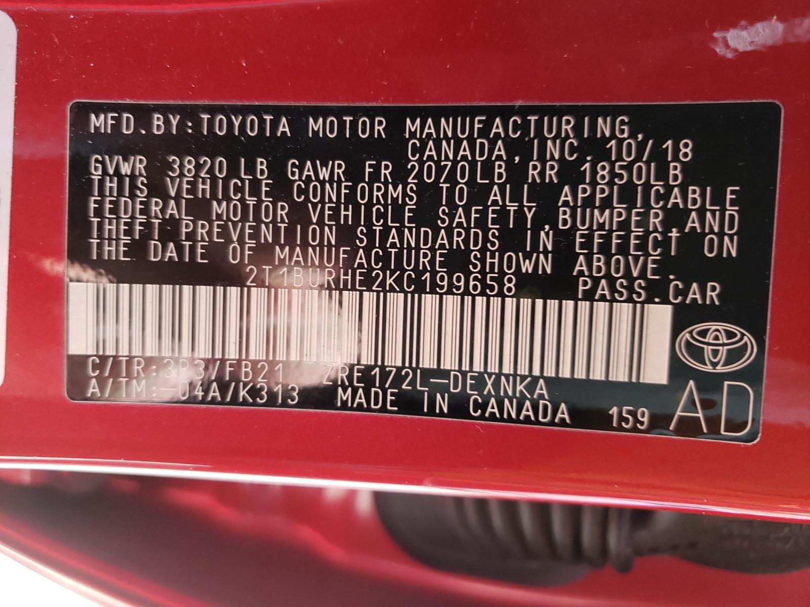 Photo 10 from auction – 2019 TOYOTA COROLLA L with VIN 2T1BURHE2KC199658