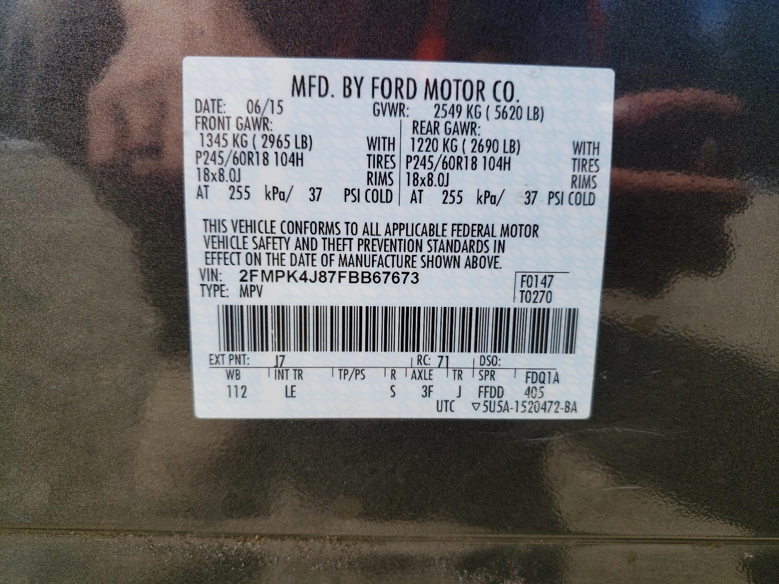 Photo 10 from auction – 2015 FORD EDGE SEL with VIN 2FMPK4J87FBB67673