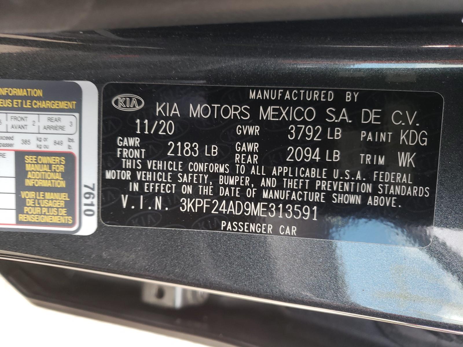 Photo 10 from auction – 2021 KIA FORTE FE with VIN 3KPF24AD9ME313591