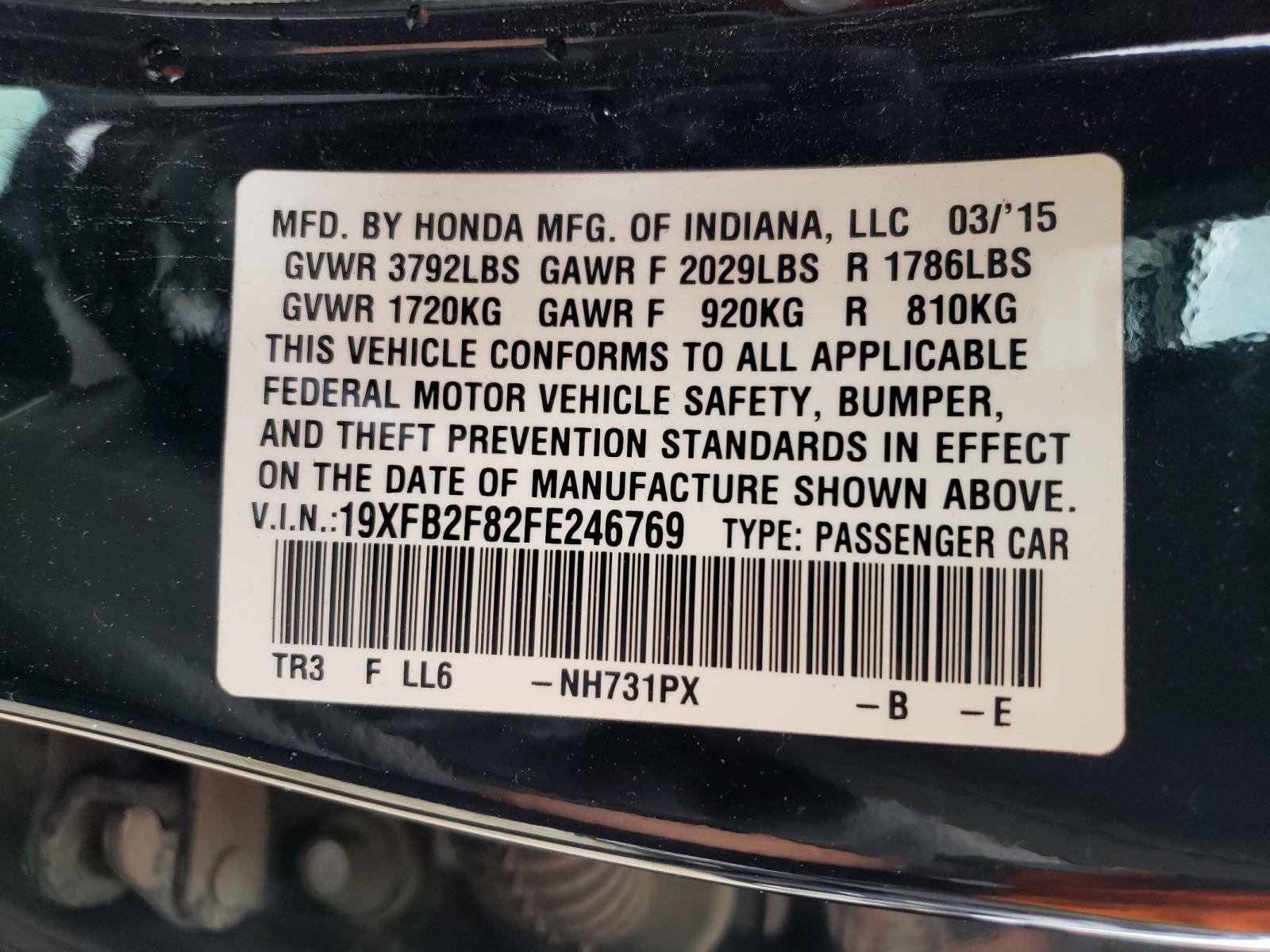 Photo 10 from auction – 2015 HONDA CIVIC EX with VIN 19XFB2F82FE246769