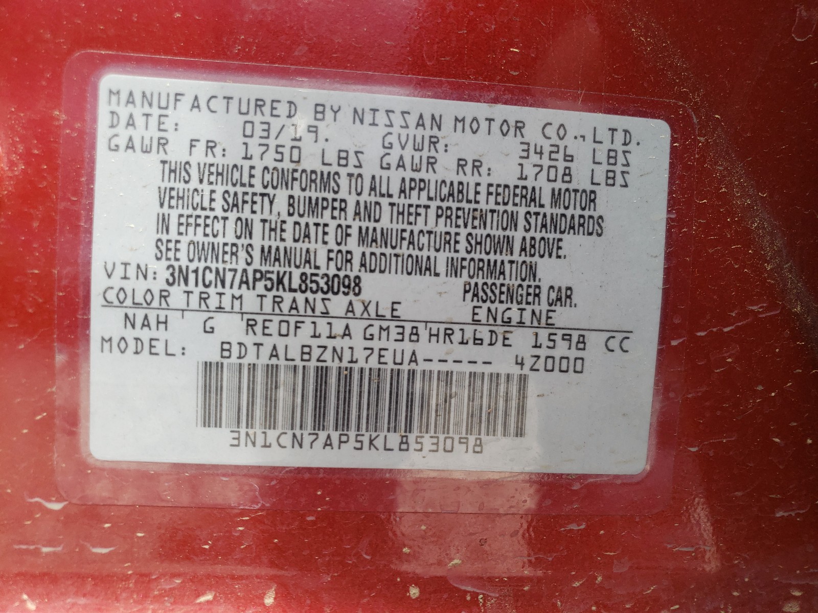 Photo 10 from auction – 2019 NISSAN VERSA S with VIN 3N1CN7AP5KL853098