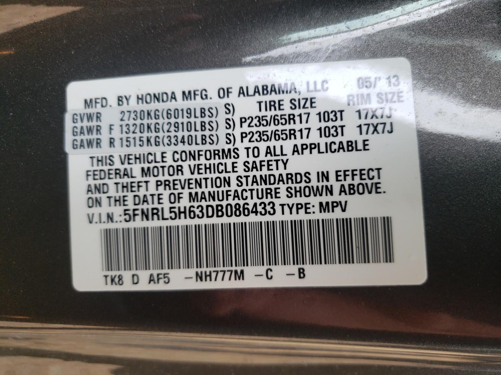 Photo 10 from auction – 2013 HONDA ODYSSEY EX with VIN 5FNRL5H63DB086433
