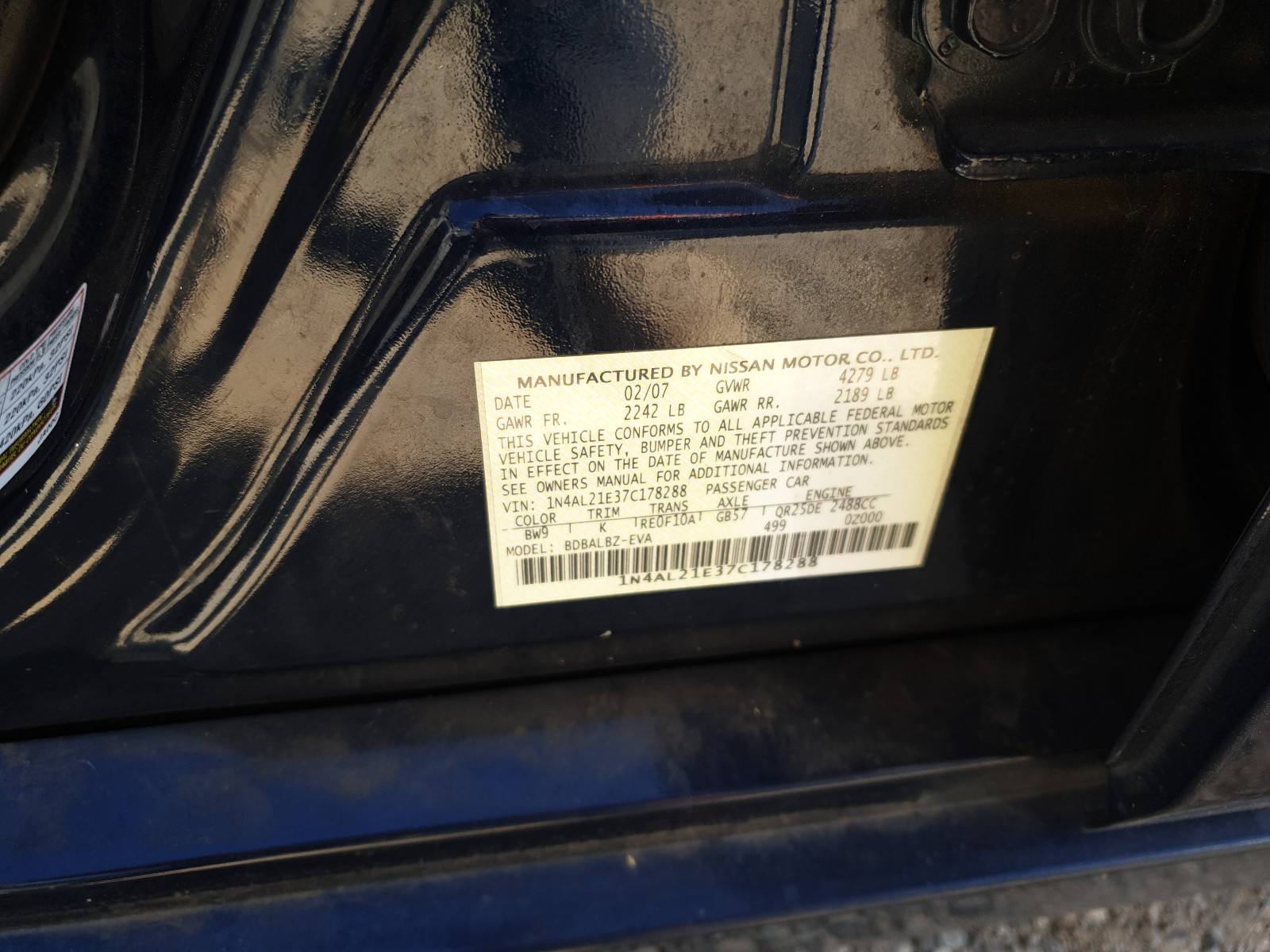 Photo 10 from auction – 2007 NISSAN ALTIMA 2.5 with VIN 1N4AL21E37C178288